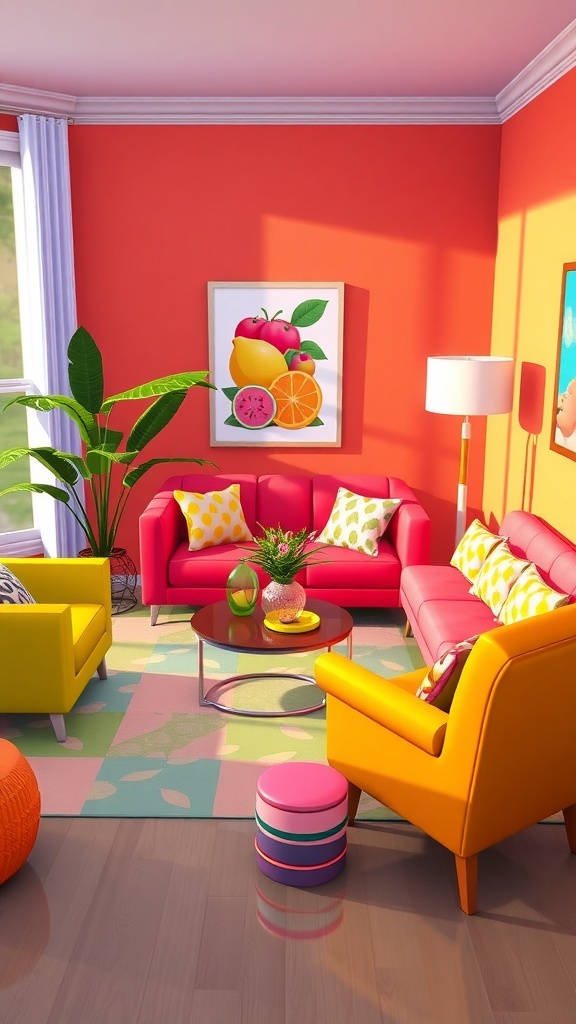 A colorful Sims 4 living room with Juicy Set furniture including a sofa, chair, coffee table, and wall art.